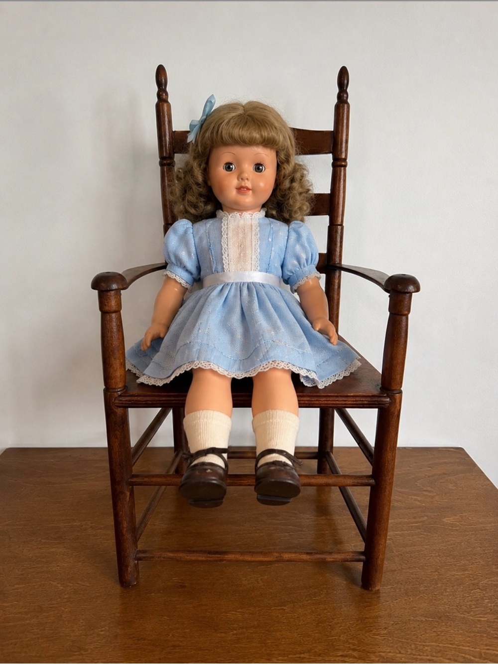 Vintage New England wood Ladderback Chair Doll Bear Furniture Colonial 14 in